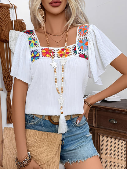 Square Neck Crochet Floral Short Sleeve Blouse