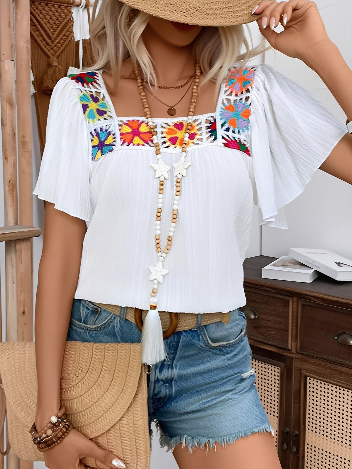 Square Neck Crochet Floral Short Sleeve Blouse