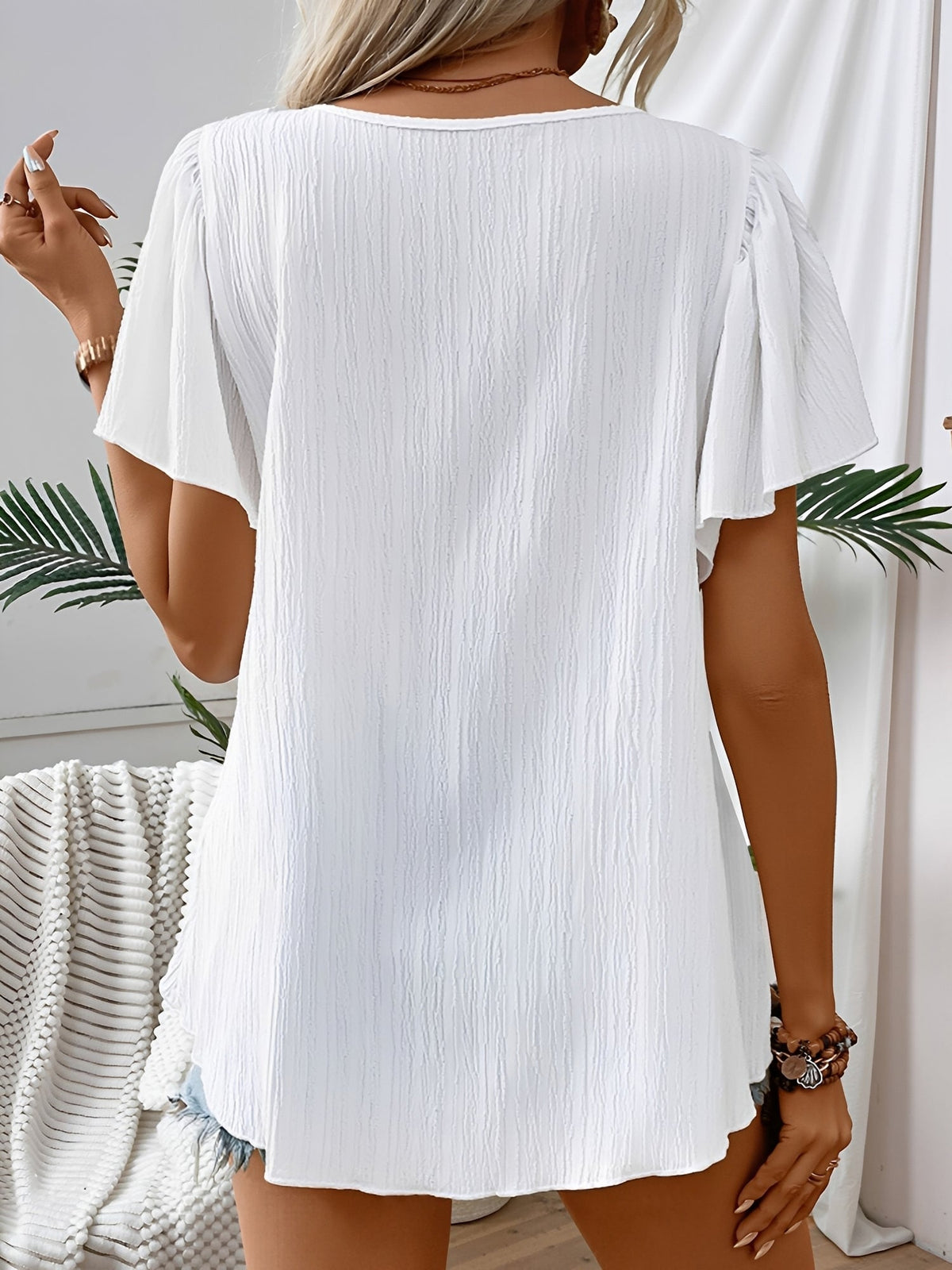 Square Neck Crochet Floral Short Sleeve Blouse