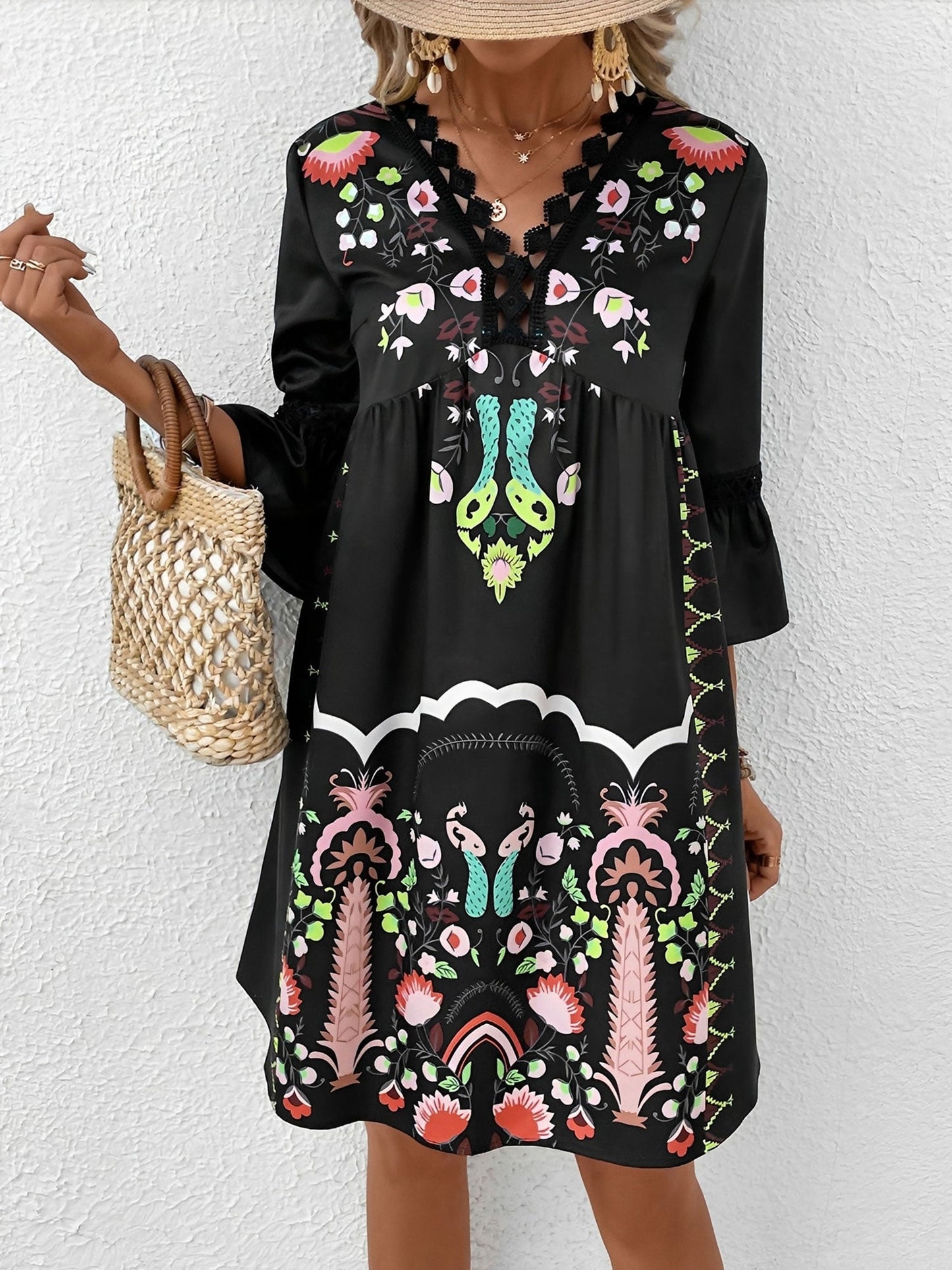 Bohemian 3/4 Bell Sleeve Floral Printed Resort Dress