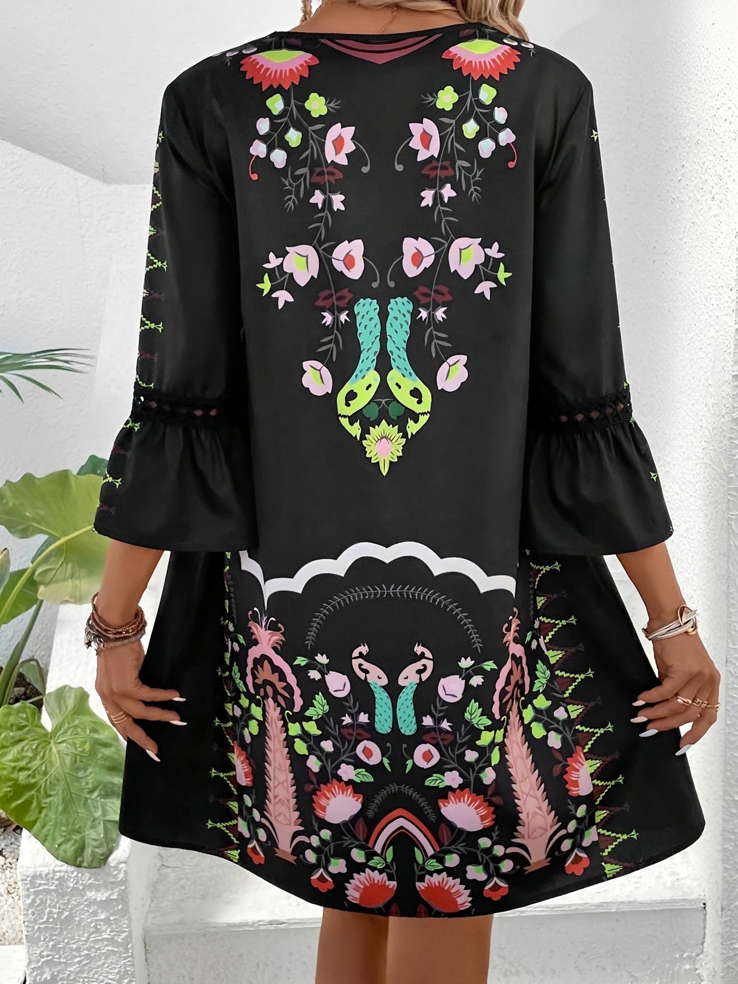 Bohemian 3/4 Bell Sleeve Floral Printed Resort Dress