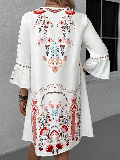 Bohemian 3/4 Bell Sleeve Floral Printed Resort Dress