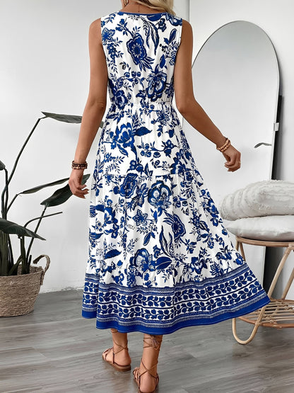 Vacation V Neck Sleeveless Boho Print Midi Dress