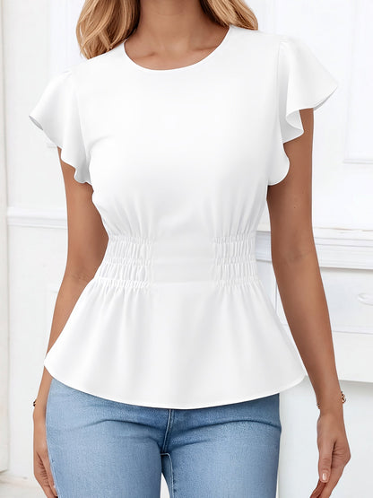 Cotton Round Neck Ruffled Sleeves Smocked Waist Blouse