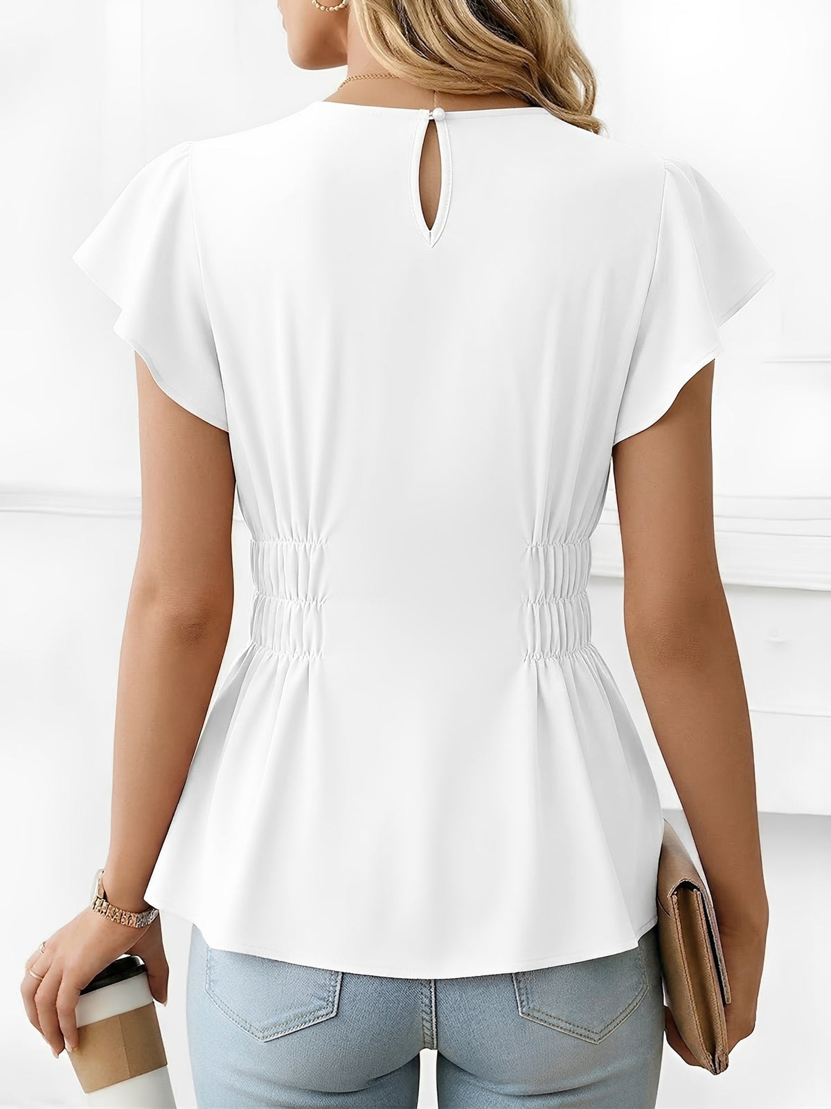 Cotton Round Neck Ruffled Sleeves Smocked Waist Blouse