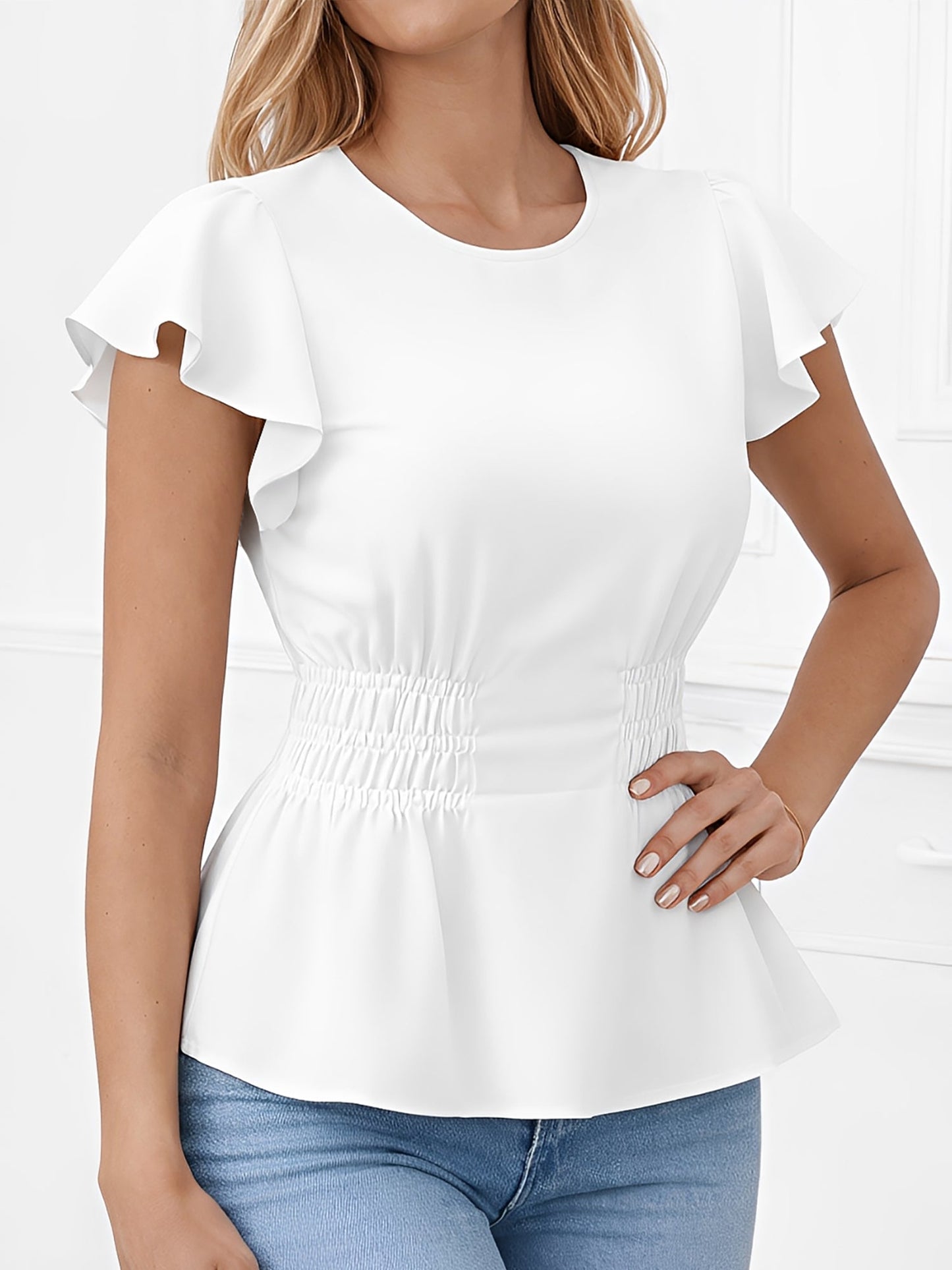 Cotton Round Neck Ruffled Sleeves Smocked Waist Blouse