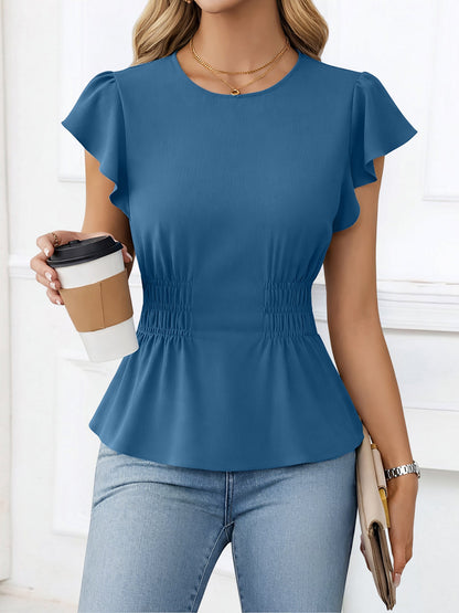 Cotton Round Neck Ruffled Sleeves Smocked Waist Blouse