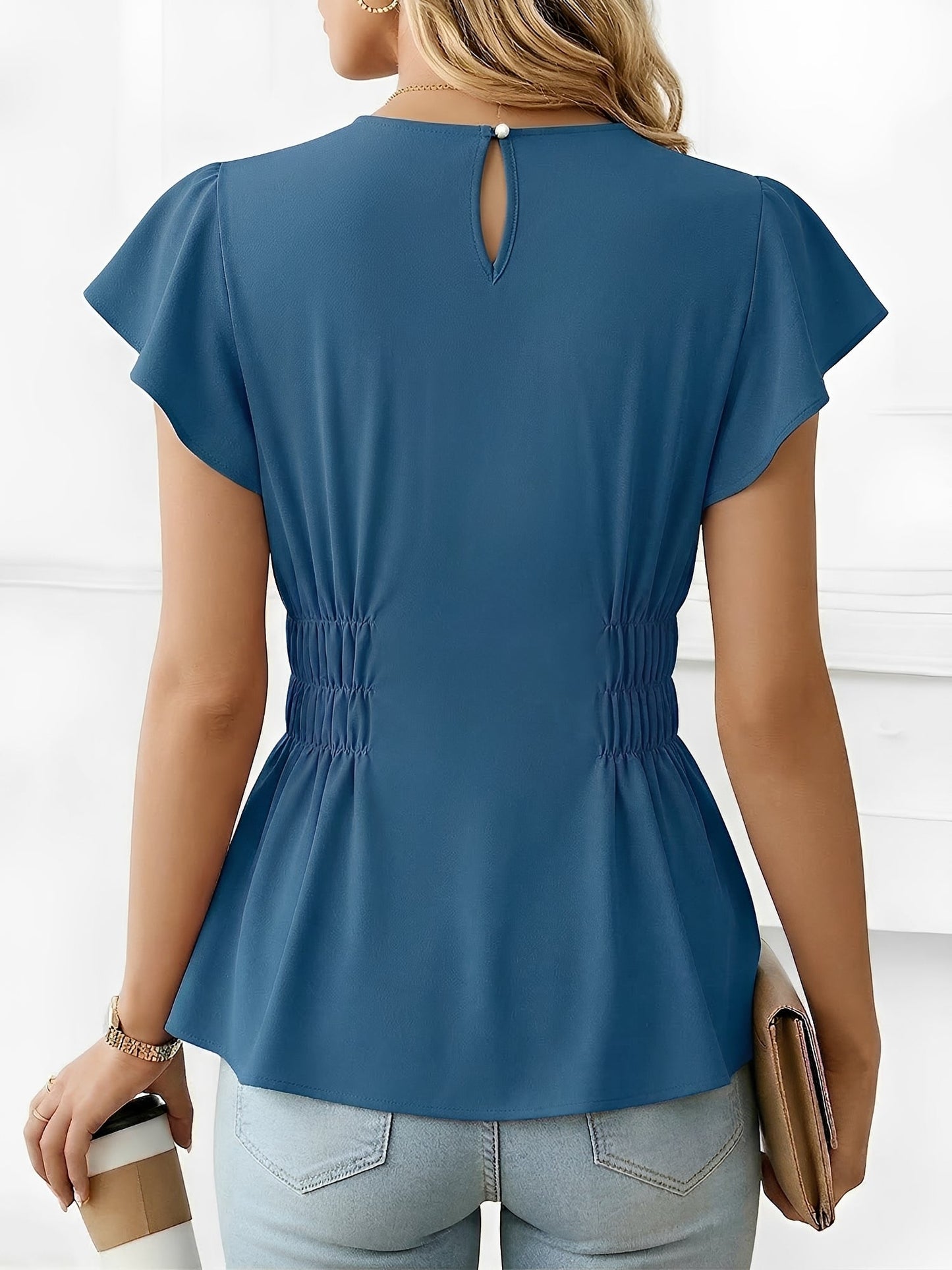 Cotton Round Neck Ruffled Sleeves Smocked Waist Blouse