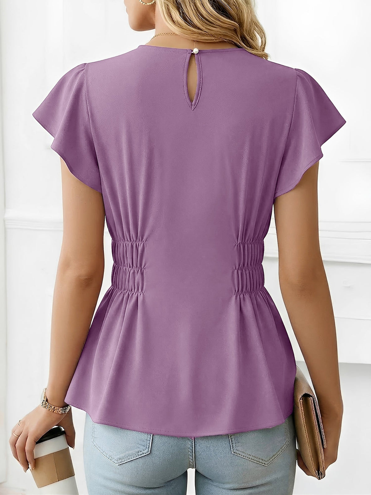 Cotton Round Neck Ruffled Sleeves Smocked Waist Blouse