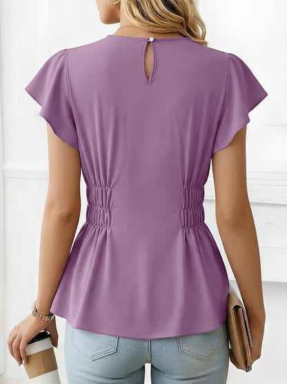 Cotton Round Neck Ruffled Sleeves Smocked Waist Blouse