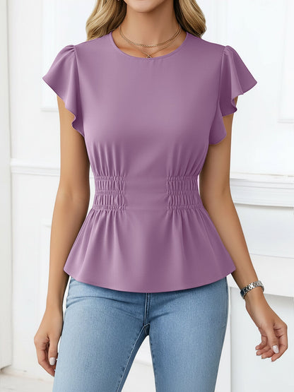 Cotton Round Neck Ruffled Sleeves Smocked Waist Blouse