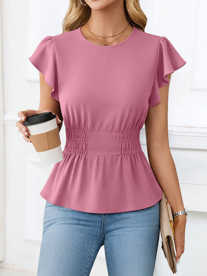 Cotton Round Neck Ruffled Sleeves Smocked Waist Blouse