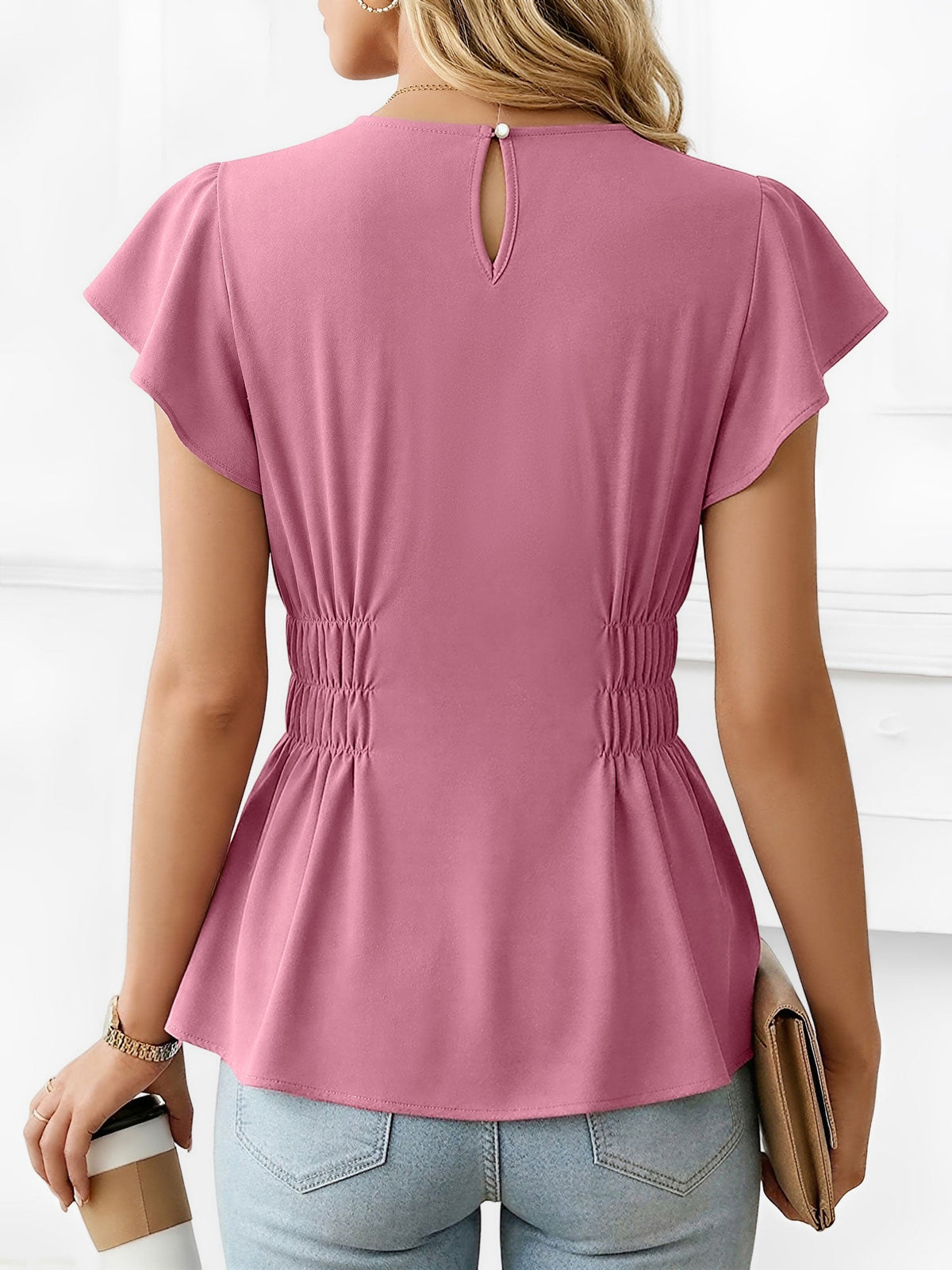 Cotton Round Neck Ruffled Sleeves Smocked Waist Blouse