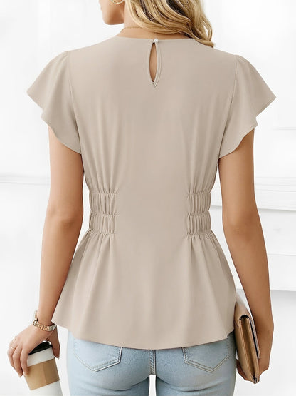 Cotton Round Neck Ruffled Sleeves Smocked Waist Blouse