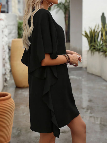 Solid Color Loose Fit Ruffled Flowy V Neck Dress
