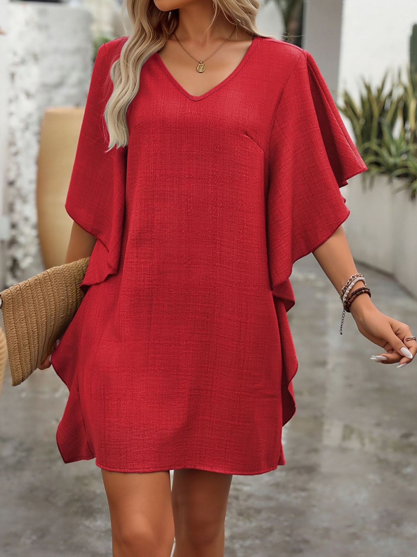 Solid Color Loose Fit Ruffled Flowy V Neck Dress