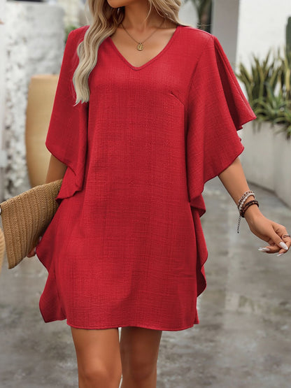 Solid Color Loose Fit Ruffled Flowy V Neck Dress