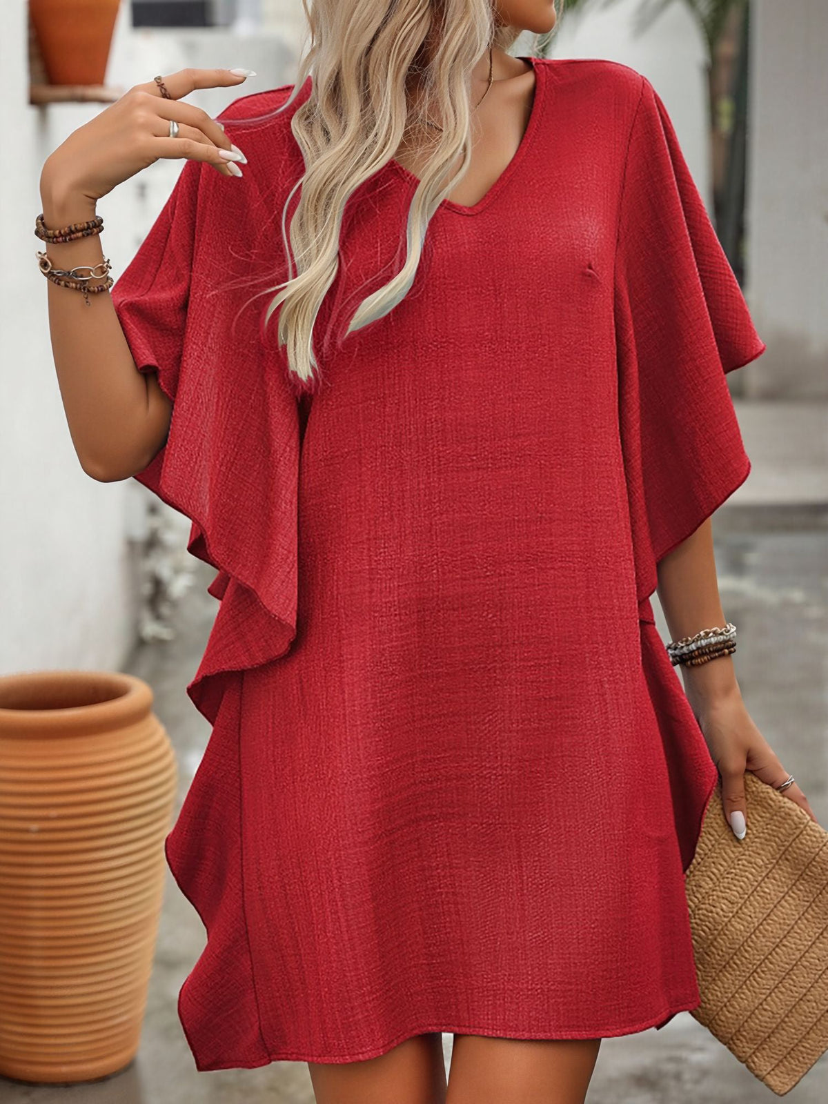 Solid Color Loose Fit Ruffled Flowy V Neck Dress