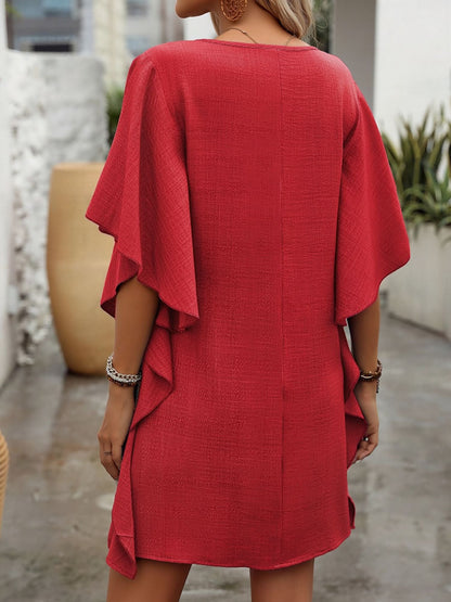 Solid Color Loose Fit Ruffled Flowy V Neck Dress