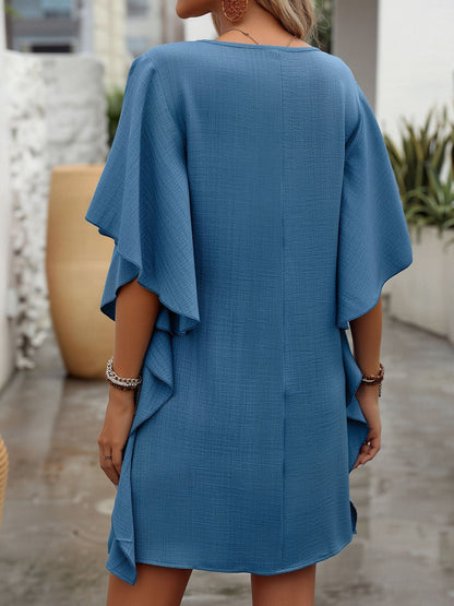 Solid Color Loose Fit Ruffled Flowy V Neck Dress