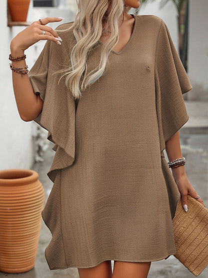 Solid Color Loose Fit Ruffled Flowy V Neck Dress