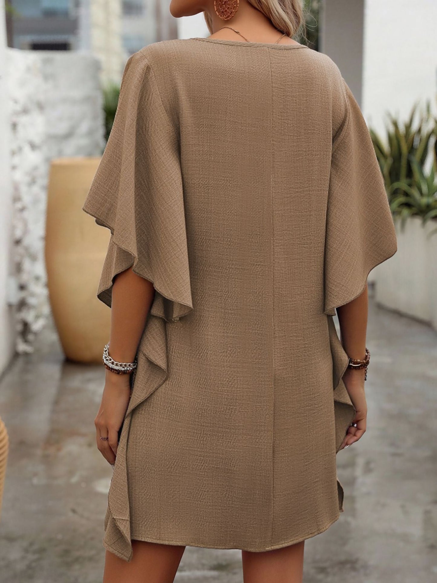 Solid Color Loose Fit Ruffled Flowy V Neck Dress