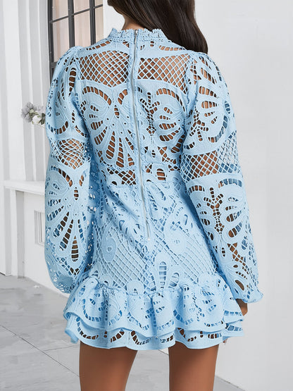 Lantern Sleeve A-Line Ruffled Lace Sheer Mini Dress