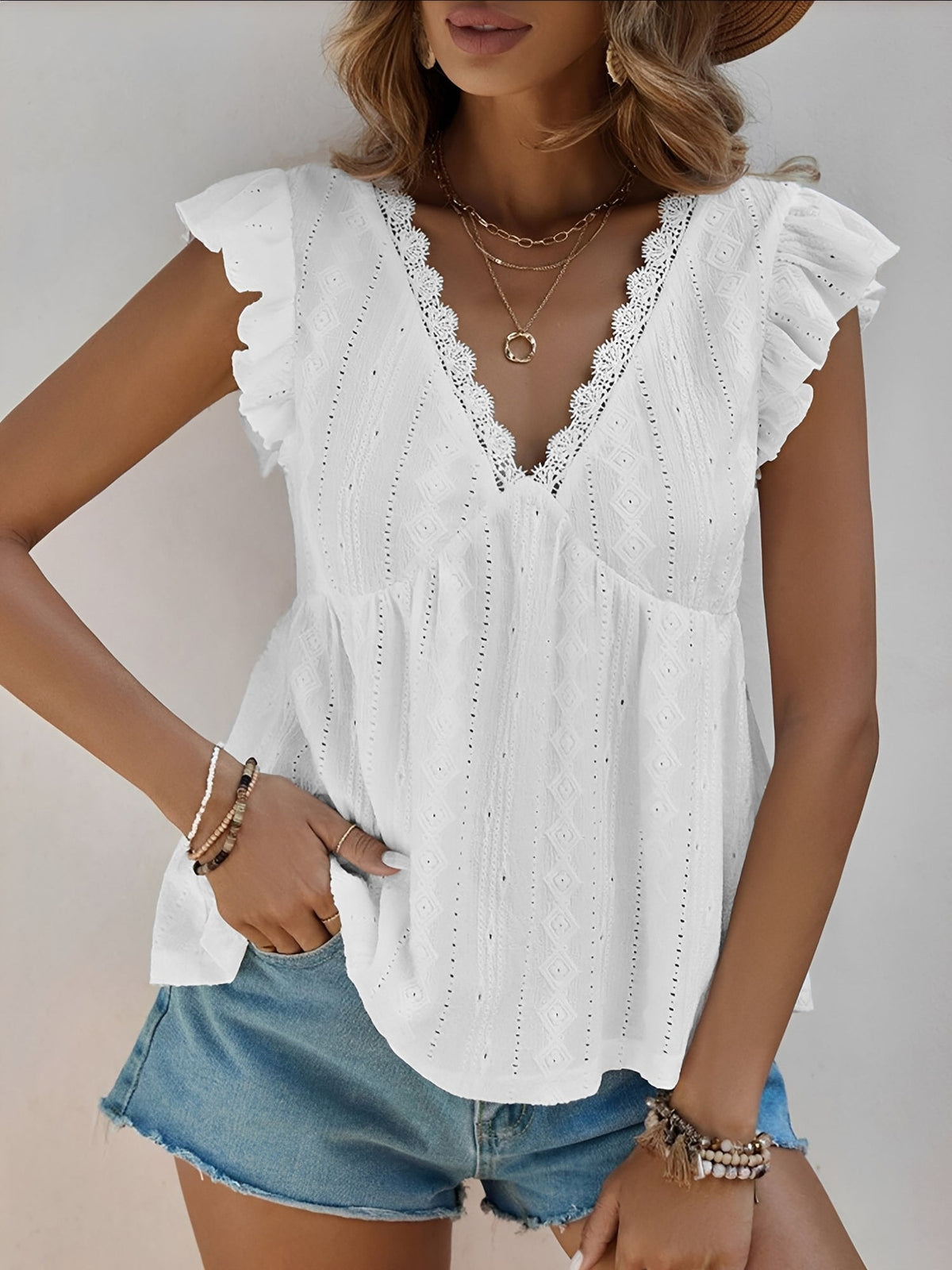 Ruffle Cap Sleeve Lace Eyelet Casual Blouse