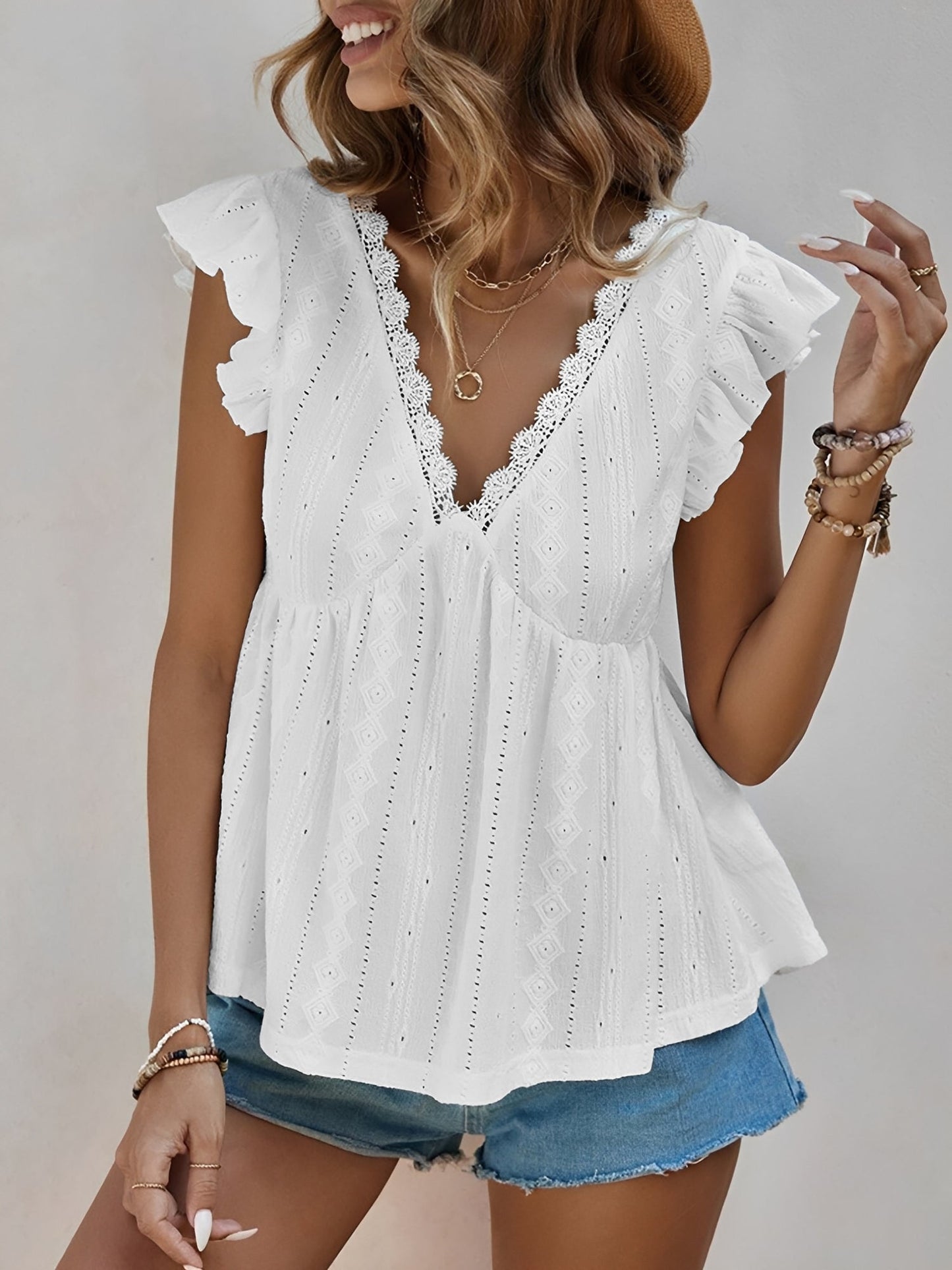 Ruffle Cap Sleeve Lace Eyelet Casual Blouse