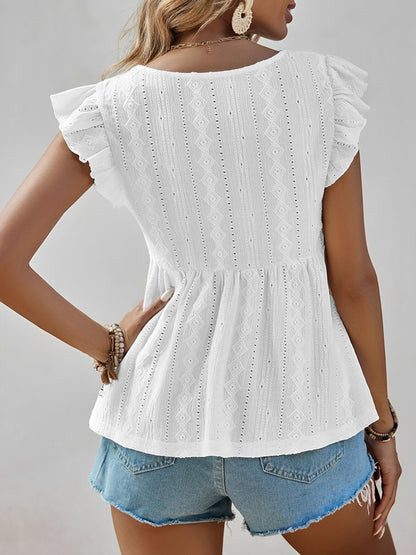 Ruffle Cap Sleeve Lace Eyelet Casual Blouse