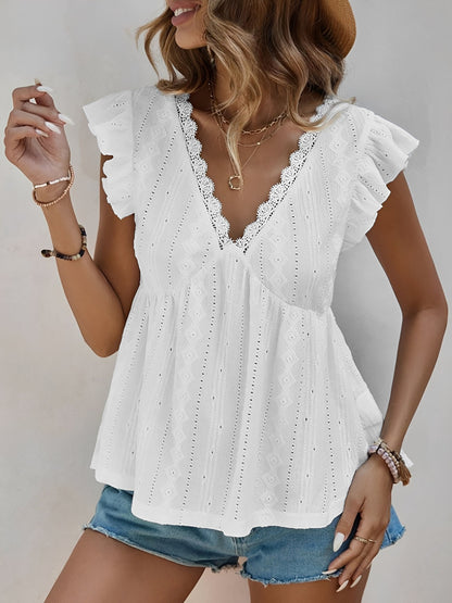 Ruffle Cap Sleeve Lace Eyelet Casual Blouse