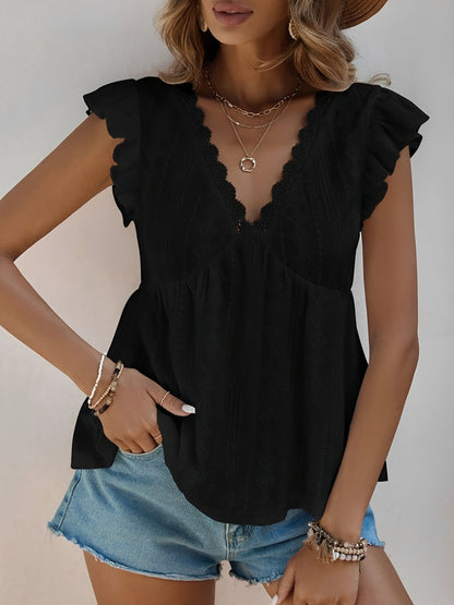 Ruffle Cap Sleeve Lace Eyelet Casual Blouse