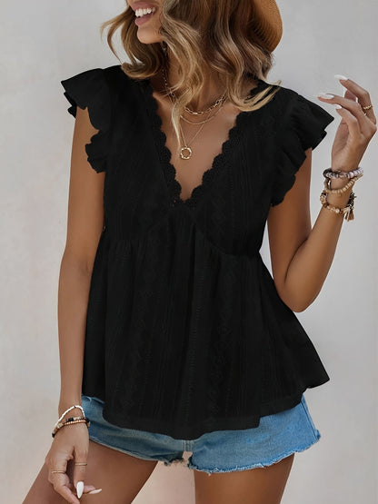 Ruffle Cap Sleeve Lace Eyelet Casual Blouse