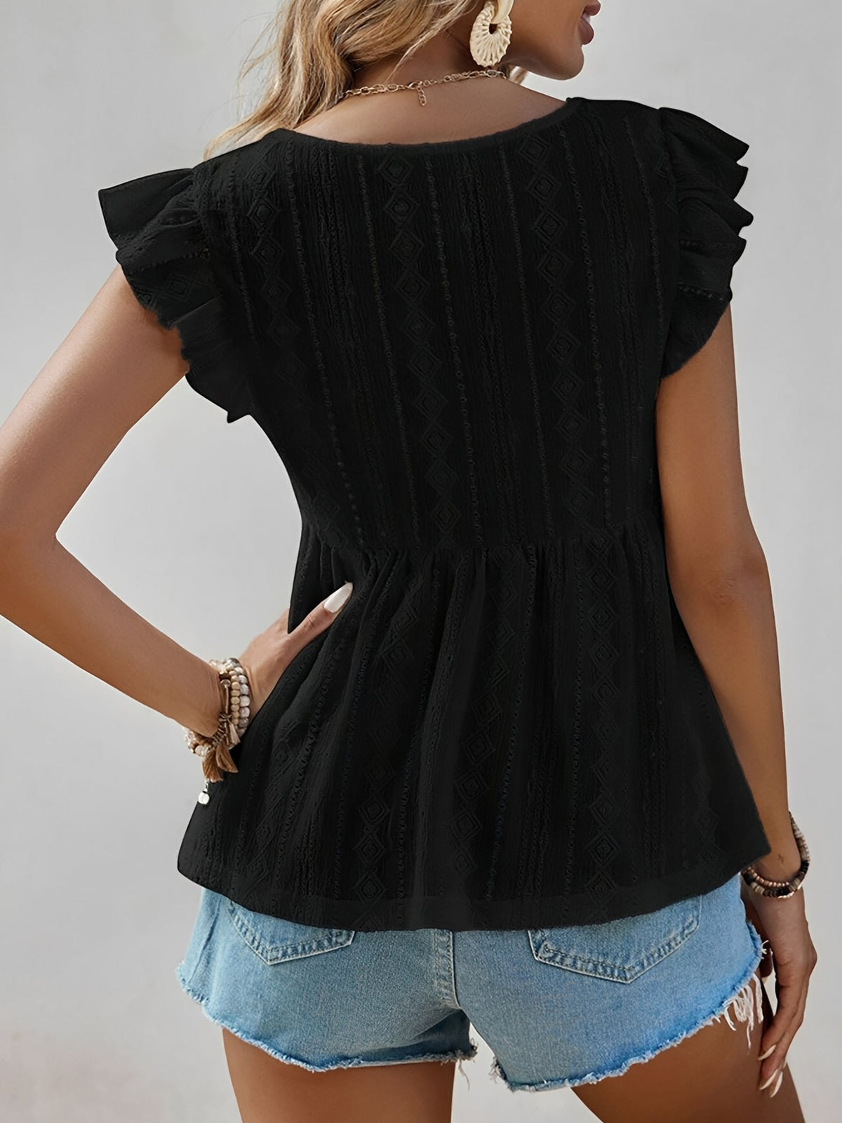 Ruffle Cap Sleeve Lace Eyelet Casual Blouse