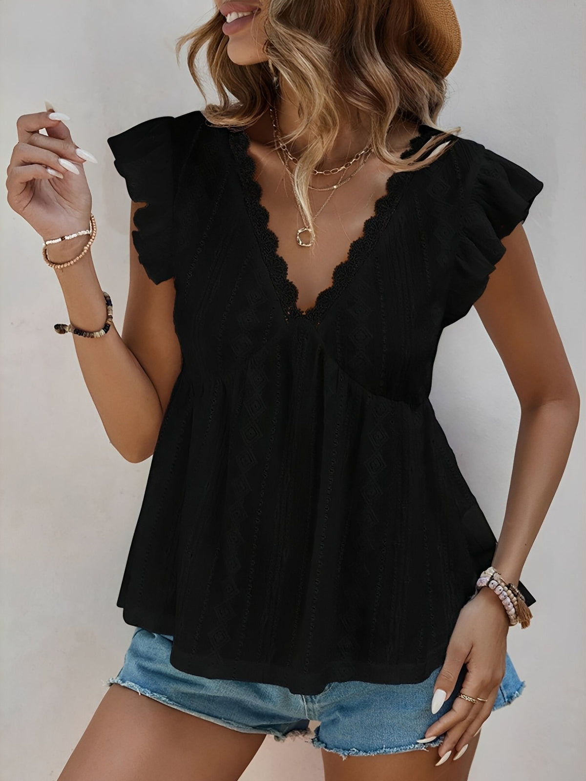 Ruffle Cap Sleeve Lace Eyelet Casual Blouse