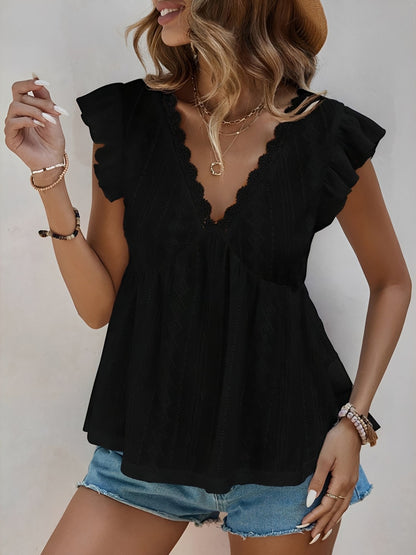 Ruffle Cap Sleeve Lace Eyelet Casual Blouse