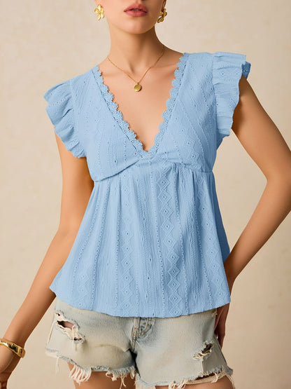Ruffle Cap Sleeve Lace Eyelet Casual Blouse