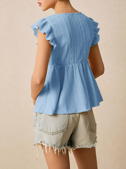 Ruffle Cap Sleeve Lace Eyelet Casual Blouse
