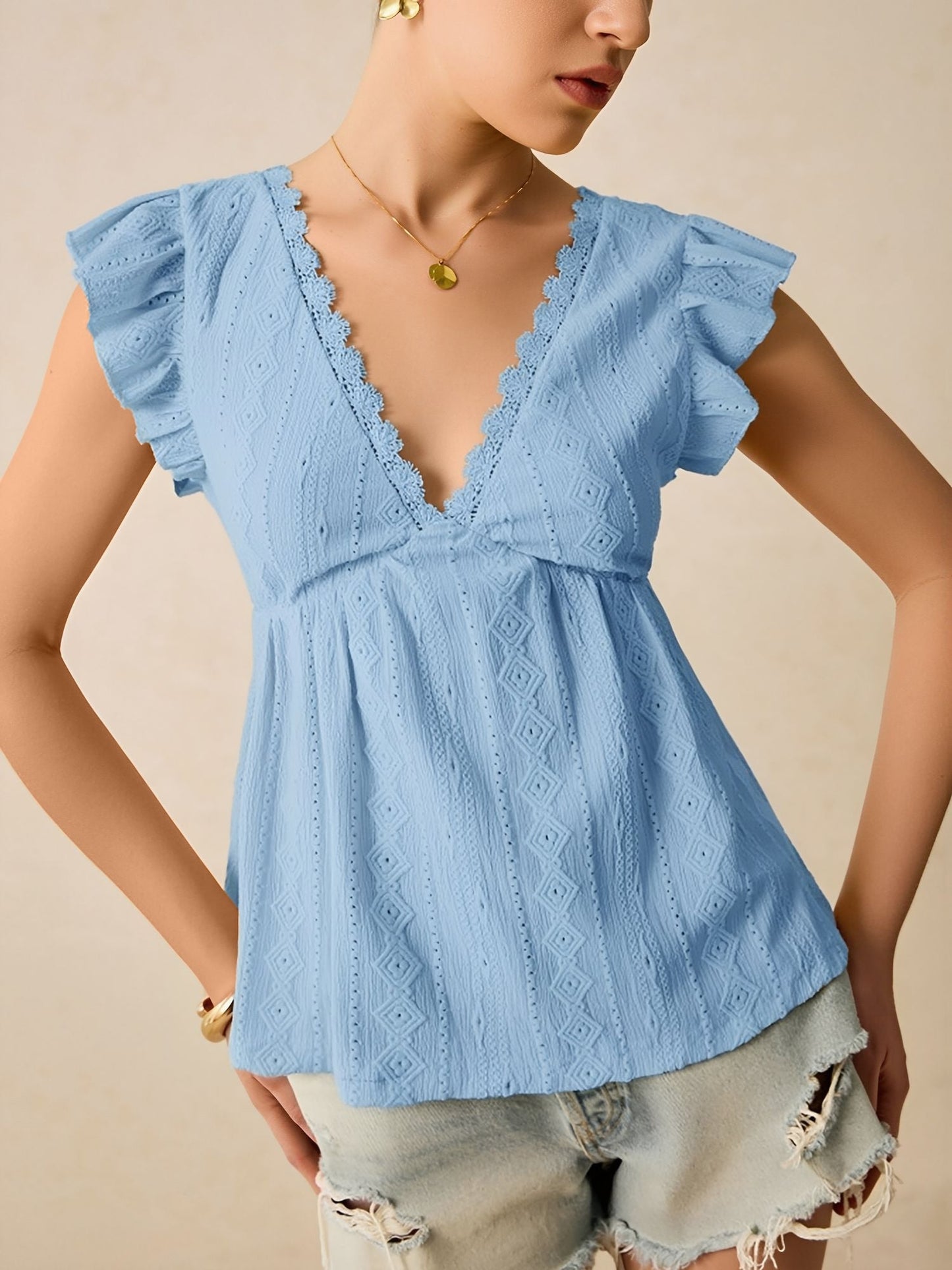 Ruffle Cap Sleeve Lace Eyelet Casual Blouse