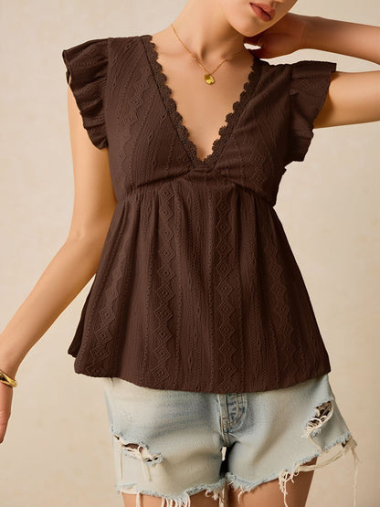 Ruffle Cap Sleeve Lace Eyelet Casual Blouse