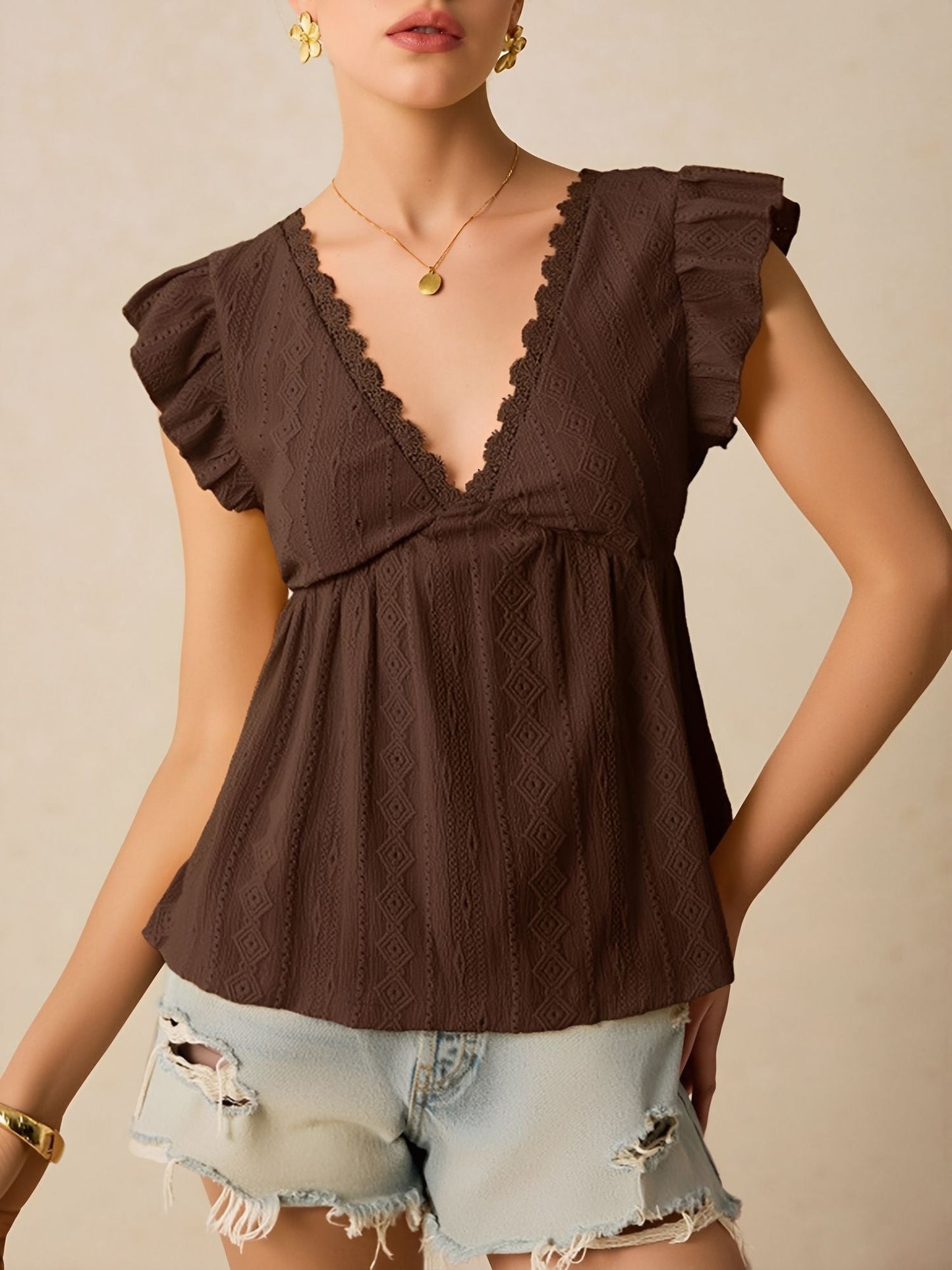 Ruffle Cap Sleeve Lace Eyelet Casual Blouse