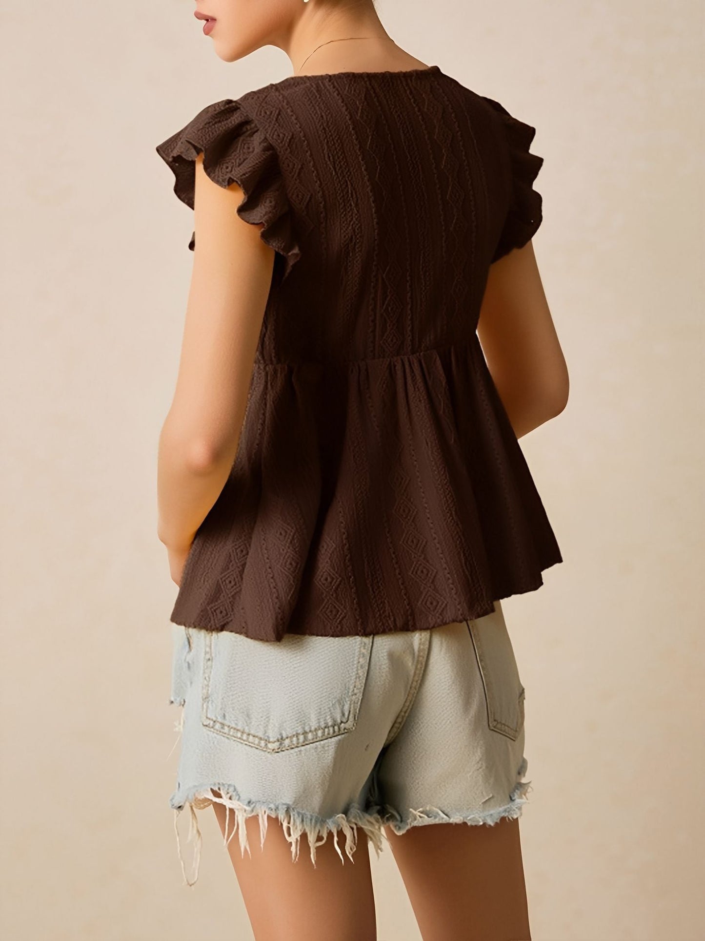Ruffle Cap Sleeve Lace Eyelet Casual Blouse