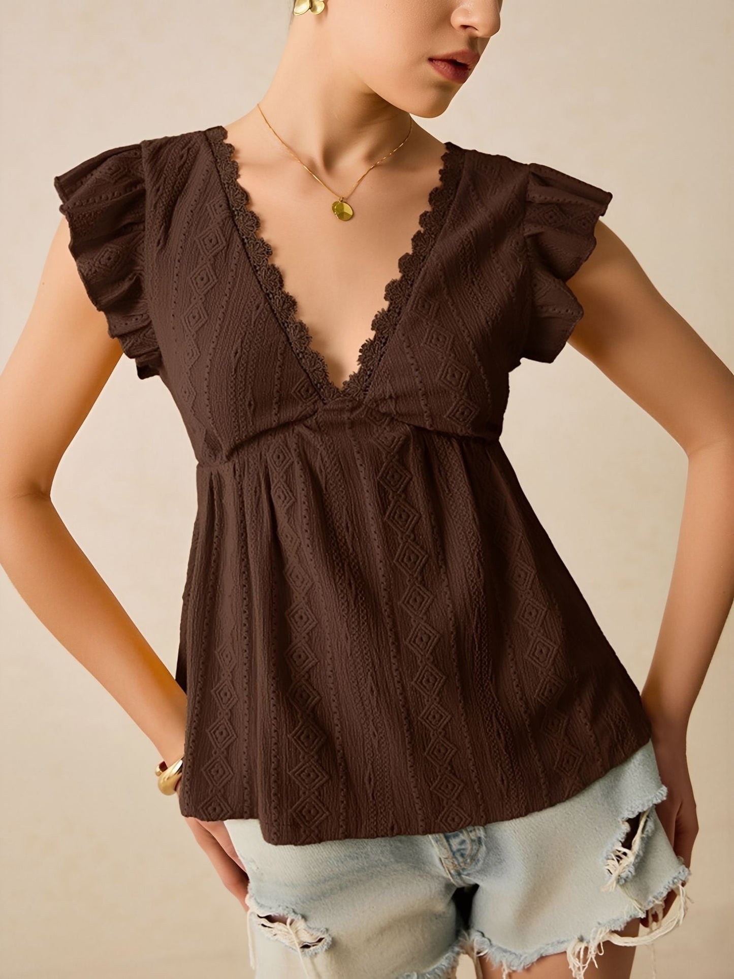 Ruffle Cap Sleeve Lace Eyelet Casual Blouse