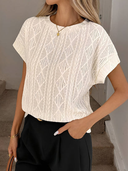 Casual Crew Neck Jacquard Short Sleeve Blouse