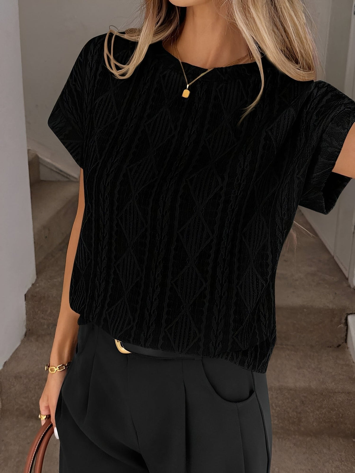Casual Crew Neck Jacquard Short Sleeve Blouse