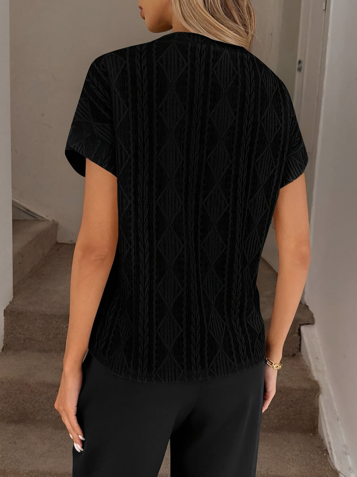 Casual Crew Neck Jacquard Short Sleeve Blouse