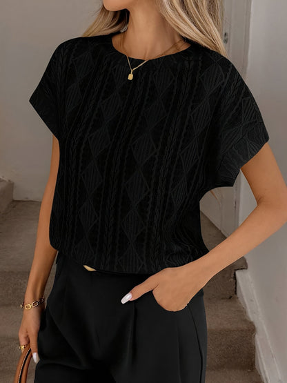Casual Crew Neck Jacquard Short Sleeve Blouse