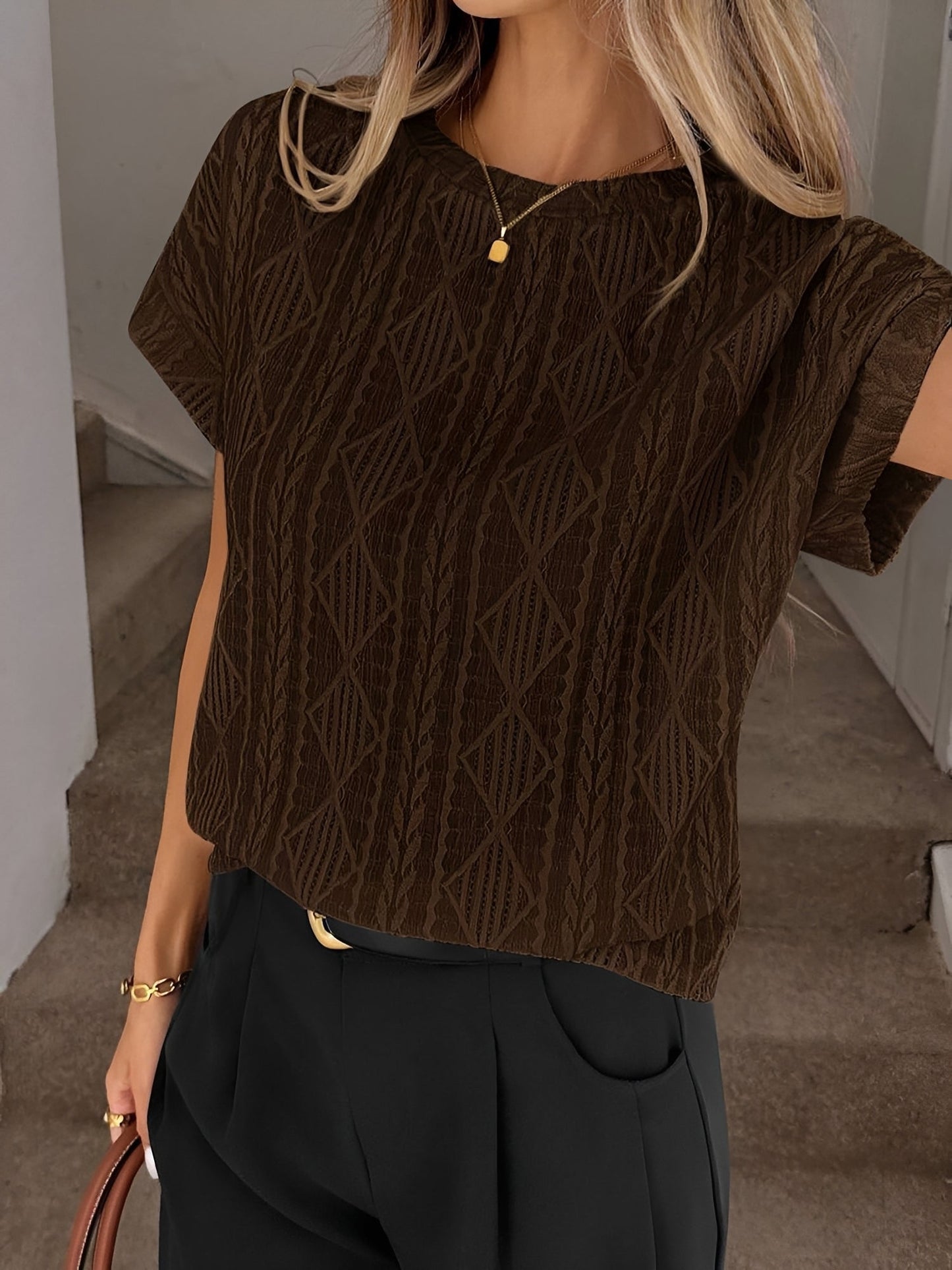 Casual Crew Neck Jacquard Short Sleeve Blouse