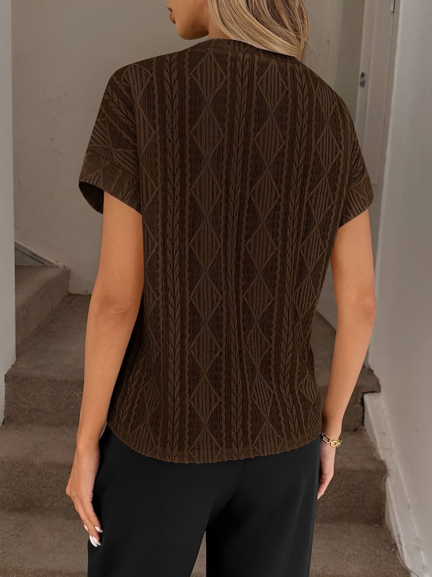 Casual Crew Neck Jacquard Short Sleeve Blouse