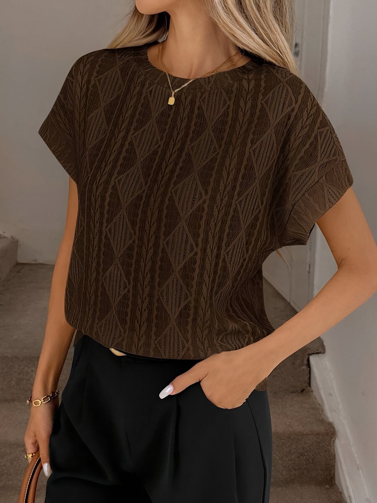 Casual Crew Neck Jacquard Short Sleeve Blouse
